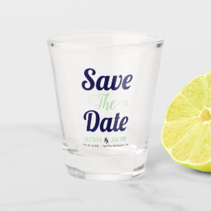 Blaue Minze und Namen Save the Date Schnapsglas