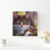 Blaue Mit Augen Katze im Wald Quadratische Wanduhr (Zuhause)