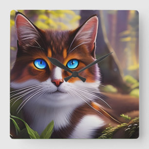 Blaue Mit Augen Katze im Wald Quadratische Wanduhr