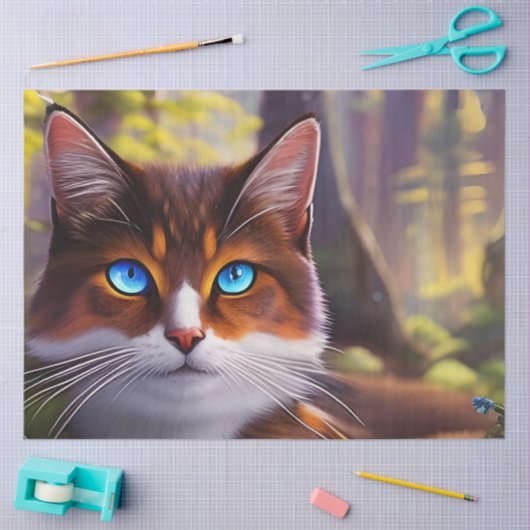 Blaue Mit Augen Katze im Wald Seidenpapier (Basteln)
