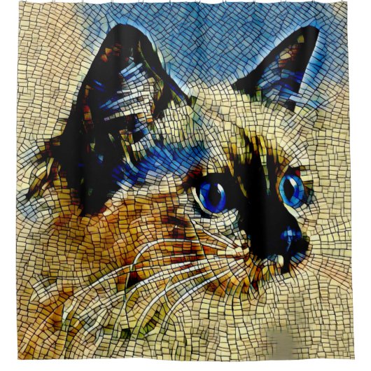 Blaue Mit Augen siamesische Katze Mosaikfliesen Duschvorhang (Vorderseite)