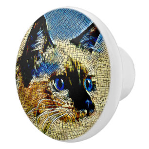 Blaue Mit Augen siamesische Katze Mosaikfliesen Keramikknauf