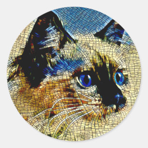 Blaue Mit Augen siamesische Katze Mosaikfliesen Runder Aufkleber