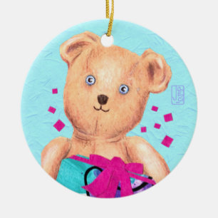 Blaue Mit Augen Teddybär Geburtstagsfeier Keramik  Ornament