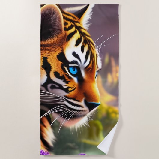 Blaue Mit Augen Tiger-Cube und violette Blumen Strandtuch (Vorderseite)