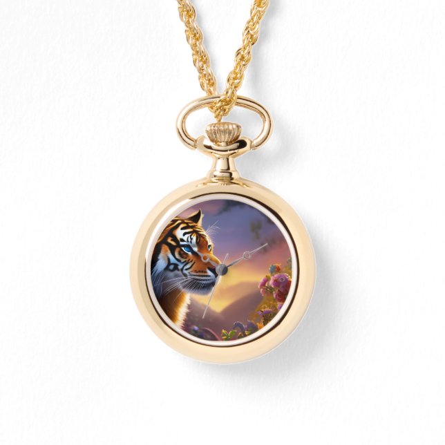 Blaue Mit Augen Tiger und rosa Blume Armbanduhr (Vorderseite)