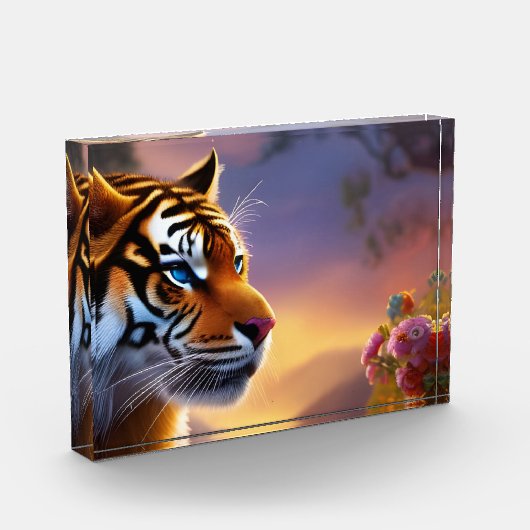 Blaue Mit Augen Tiger und rosa Blume Fotoblock (Links)