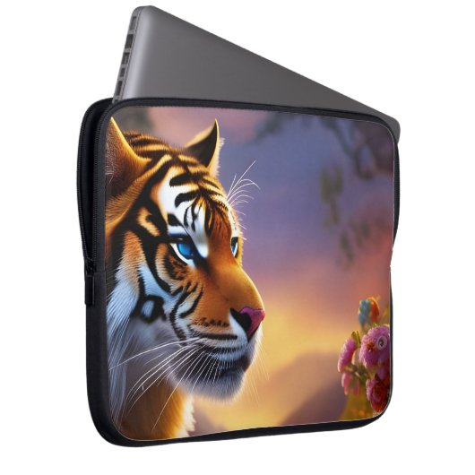 Blaue Mit Augen Tiger und rosa Blume Laptopschutzhülle (Vorne Rechts)