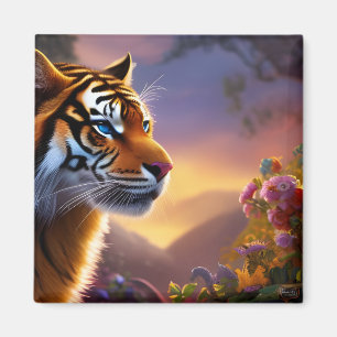 Blaue Mit Augen Tiger und rosa Blume Magnet