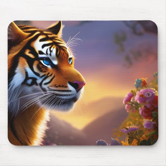 Blaue Mit Augen Tiger und rosa Blume Mousepad (Vorne)