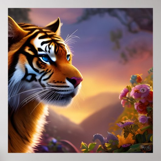Blaue Mit Augen Tiger und rosa Blume Poster (Vorne)