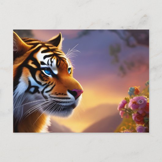 Blaue Mit Augen Tiger und rosa Blume Postkarte (Vorderseite)