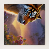 Blaue Mit Augen Tiger und rosa Blume Puzzle (Horizontal)