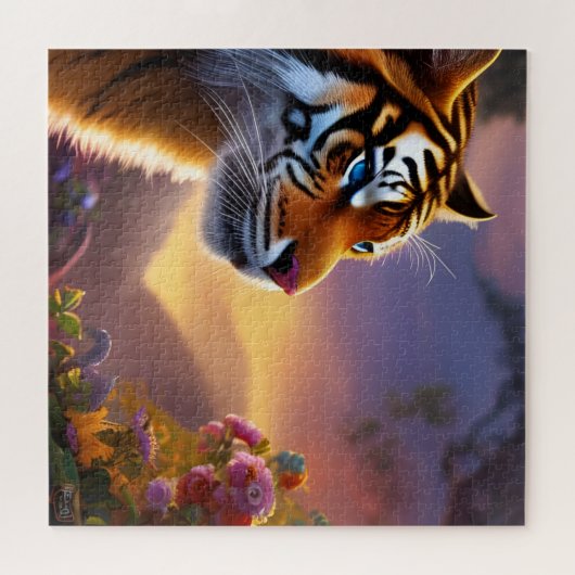 Blaue Mit Augen Tiger und rosa Blume Puzzle (Horizontal)