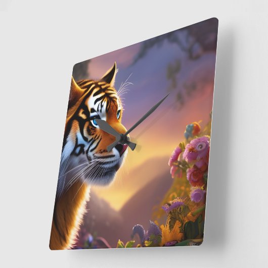 Blaue Mit Augen Tiger und rosa Blume Quadratische Wanduhr (Winkel)