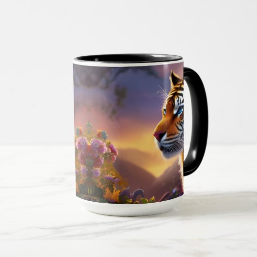 Blaue Mit Augen Tiger und rosa Blume Tasse (VorderseiteRechts)