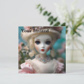Blaue Mit Augen Vintage Puppe Einladung (Stehend Vorderseite)