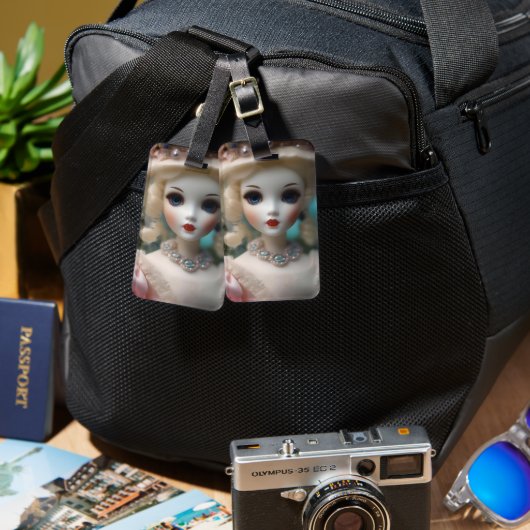 Blaue Mit Augen Vintage Puppe Gepäckanhänger (Vorderseite & Rückseite)