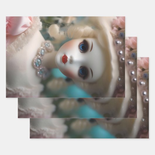 Blaue Mit Augen Vintage Puppe Geschenkpapier Set (Set)