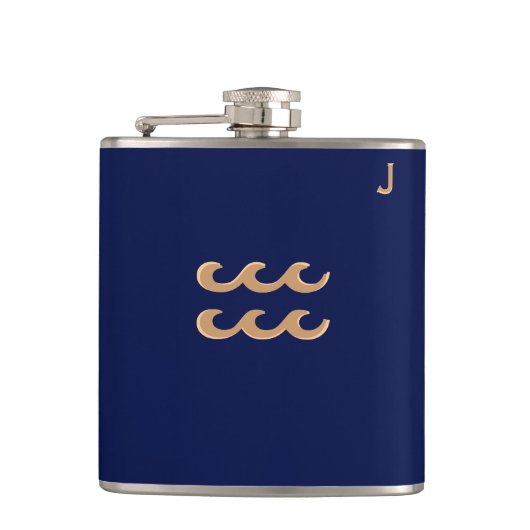 Blaue Mit Monogramm Flasche - Zodiac - Aquarius Flachmann (Vorderseite)