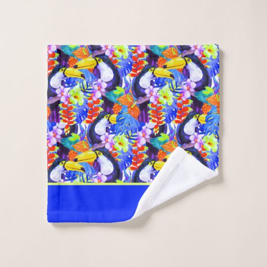 Blaue Mit Monogramm tropische Blume mit Toucan Badhandtuch Set (Waschlappen)
