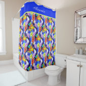 Blaue Mit Monogramm tropische Blume mit Toucan Duschvorhang (Beispiel)