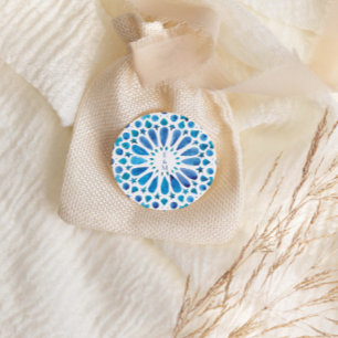 Blaue Mittelmeer-Fliese Monogramm Runder Aufkleber