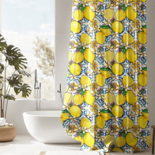 Blaue Mittelmeer-Fliesen und Lemon Duschvorhang