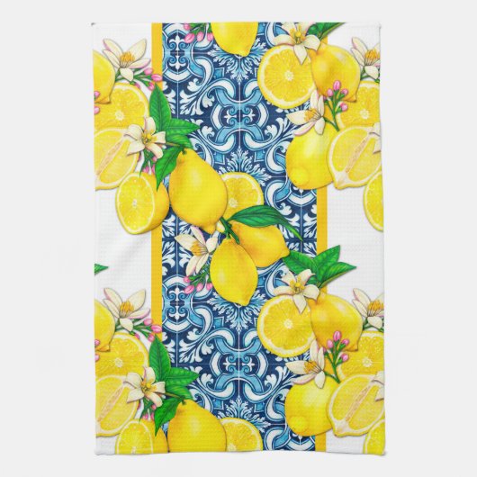 Blaue Mittelmeer-Fliesen und Lemon Geschirrtuch (Vertikal)