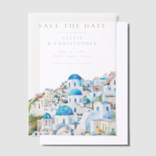Blaue Mittelmeer-Skyline-Hochzeit - Save-the-Date Pergament Einladungen