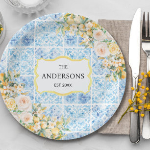 Blaue Mittelmeerfliesen-Blumen-Limonien-Familienna Pappteller
