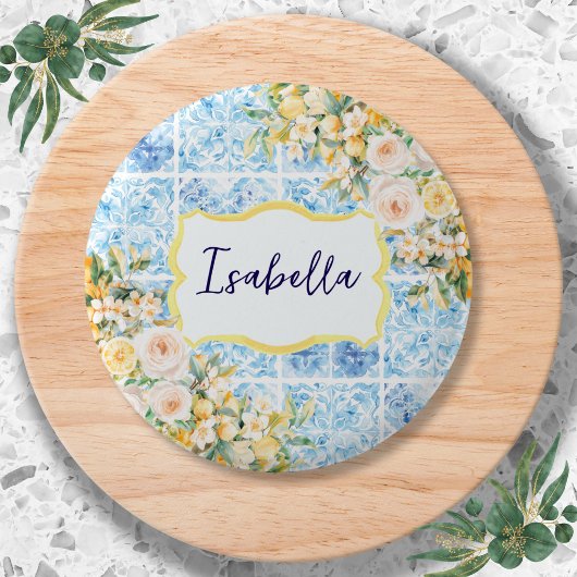 Blaue Mittelmeerfliesen-Blumen-Zitrone Personalisi Button