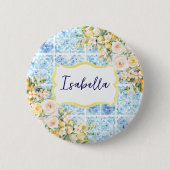 Blaue Mittelmeerfliesen-Blumen-Zitrone Personalisi Button (Vorderseite)