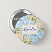 Blaue Mittelmeerfliesen-Blumen-Zitrone Personalisi Button (Vorne & Hinten)