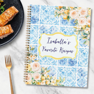 Blaue Mittelmeerfliesen Blumen Zitronen Rezeptbuch Notizblock