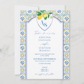 Blaue Mittelmeerfliesen Lemon auf einer Hochzeit Einladung (Vorderseite)