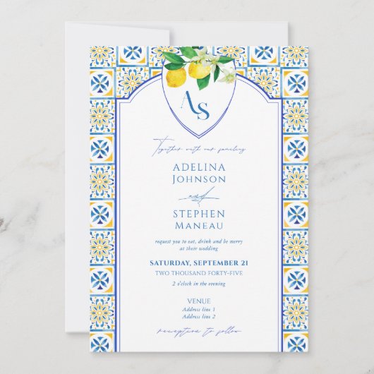 Blaue Mittelmeerfliesen Lemon auf einer Hochzeit Einladung (Vorderseite)