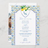 Blaue Mittelmeerfliesen Lemon auf einer Hochzeit Einladung (Vorne/Hinten)