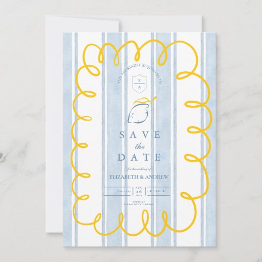 Blaue Mittelmeerlemon-Hochzeit Save The Date (Vorderseite)