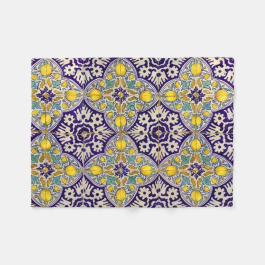 Blaue Mittelmeermuster Gelbe Blüten Fleecedecke (Vorderseite (Horizontal))
