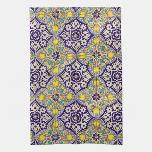 Blaue Mittelmeermuster Gelbe Blüten Geschirrtuch (Vertikal)