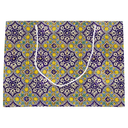 Blaue Mittelmeermuster Gelbe Blüten Große Geschenktüte (Vorderseite)