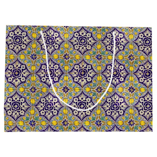 Blaue Mittelmeermuster Gelbe Blüten Große Geschenktüte (Rückseite)