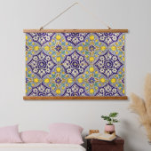 Blaue Mittelmeermuster Gelbe Blüten Wandteppich Mit Holzrahmen (Schlafzimmer)