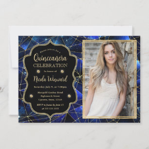 Blaue Mitternacht Kristall-Galaxie Quinceanera-Fot Einladung