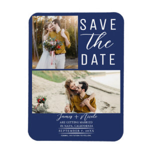 Blaue Moderne 2 Fotos Save the Date Hochzeit Magnet