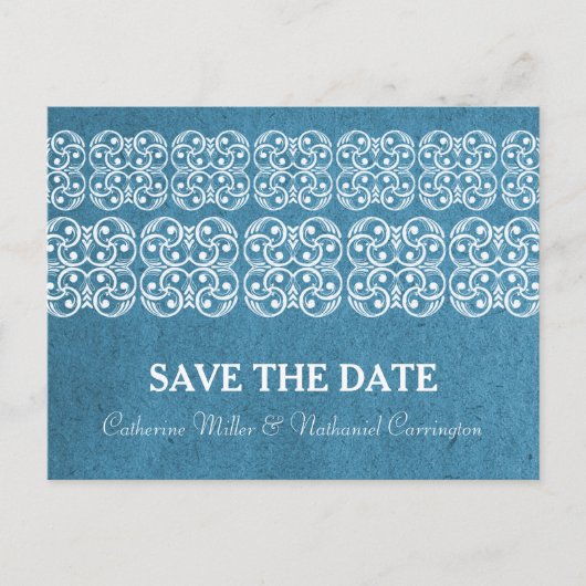 Blaue moderne Bohemische Save the Date Postkarte (Vorderseite)