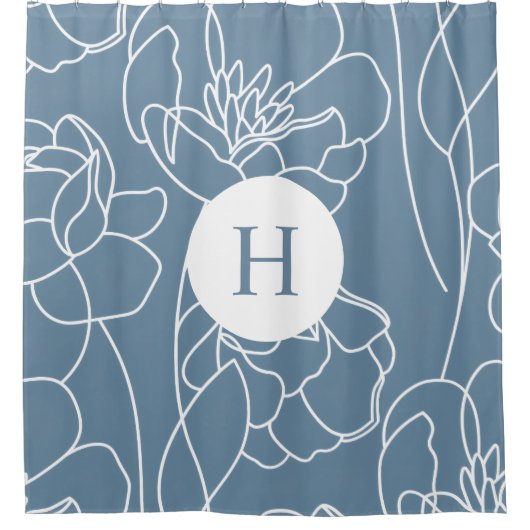 Blaue moderne elegante Wildblumen-Monogramm-Name Duschvorhang (Vorderseite)