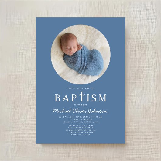 Blaue moderne religiöse Cross Foto Boy Baptism Einladung