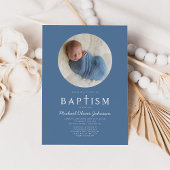 Blaue moderne religiöse Cross Foto Boy Baptism Einladung